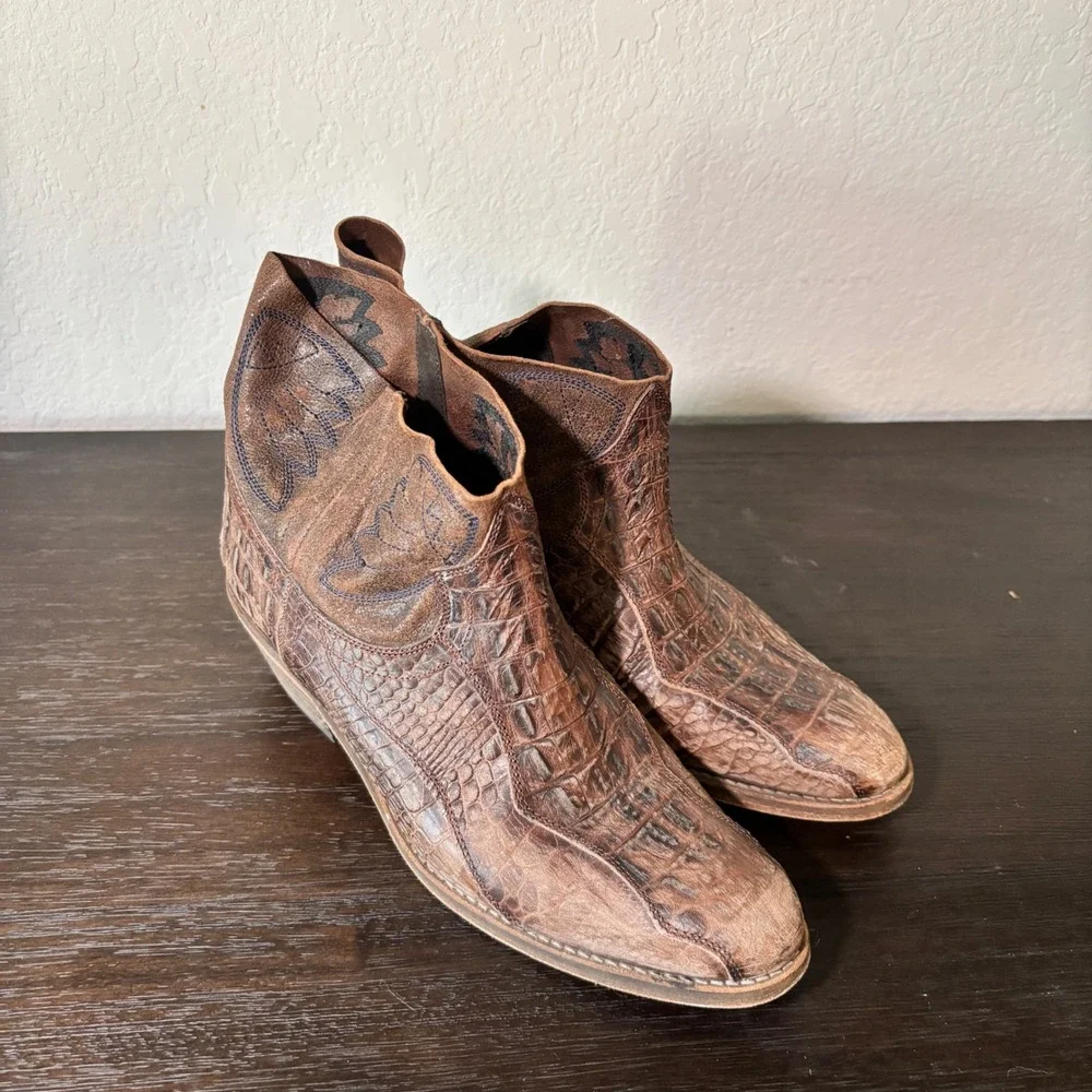 Free People Ankle Boots Dorado 38 Croc Embossed Leather Brown Western Boho